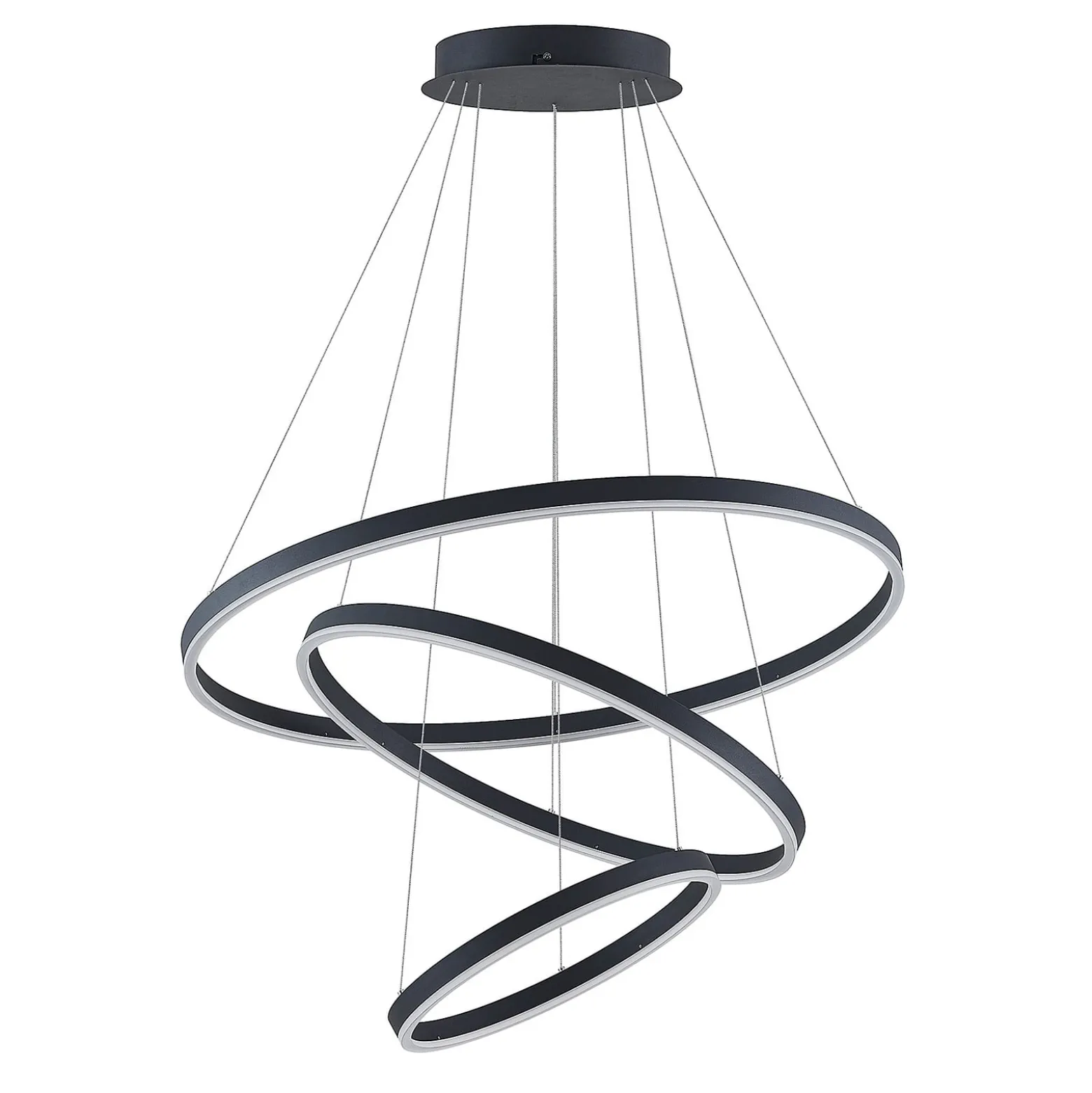Arcchio LED-riippuvalaisin Albiona, musta, 3 rengasta, Ø 80 cm