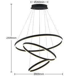 Arcchio LED-riippuvalaisin Albiona, musta, 3 rengasta, Ø 80 cm