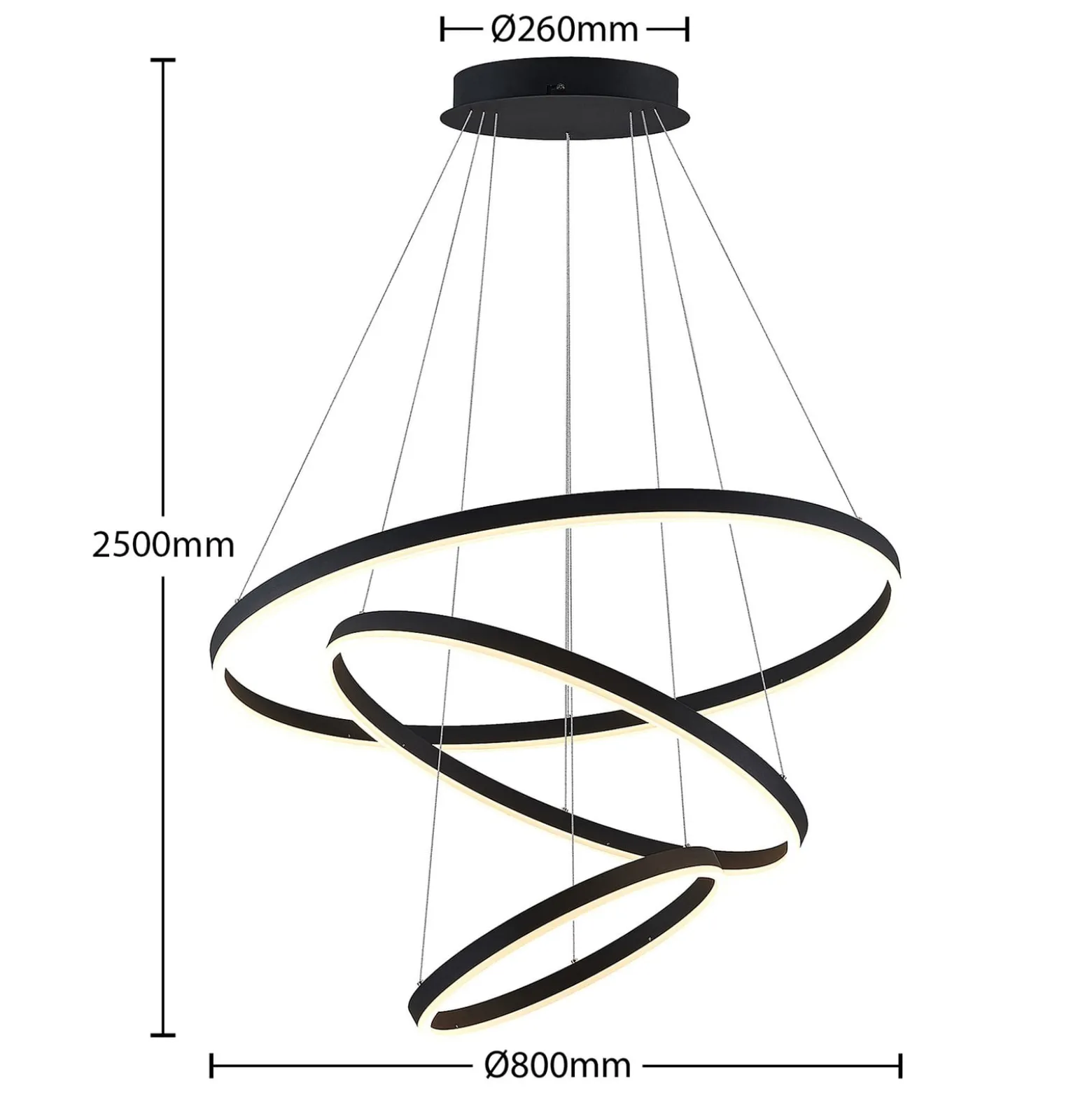 Arcchio LED-riippuvalaisin Albiona, musta, 3 rengasta, Ø 80 cm