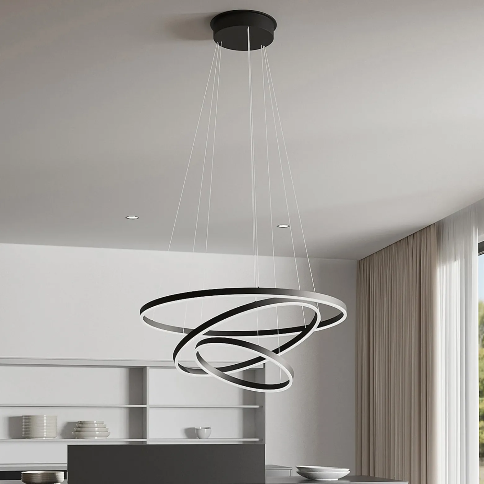 Arcchio LED-riippuvalaisin Albiona, musta, 3 rengasta, Ø 80 cm