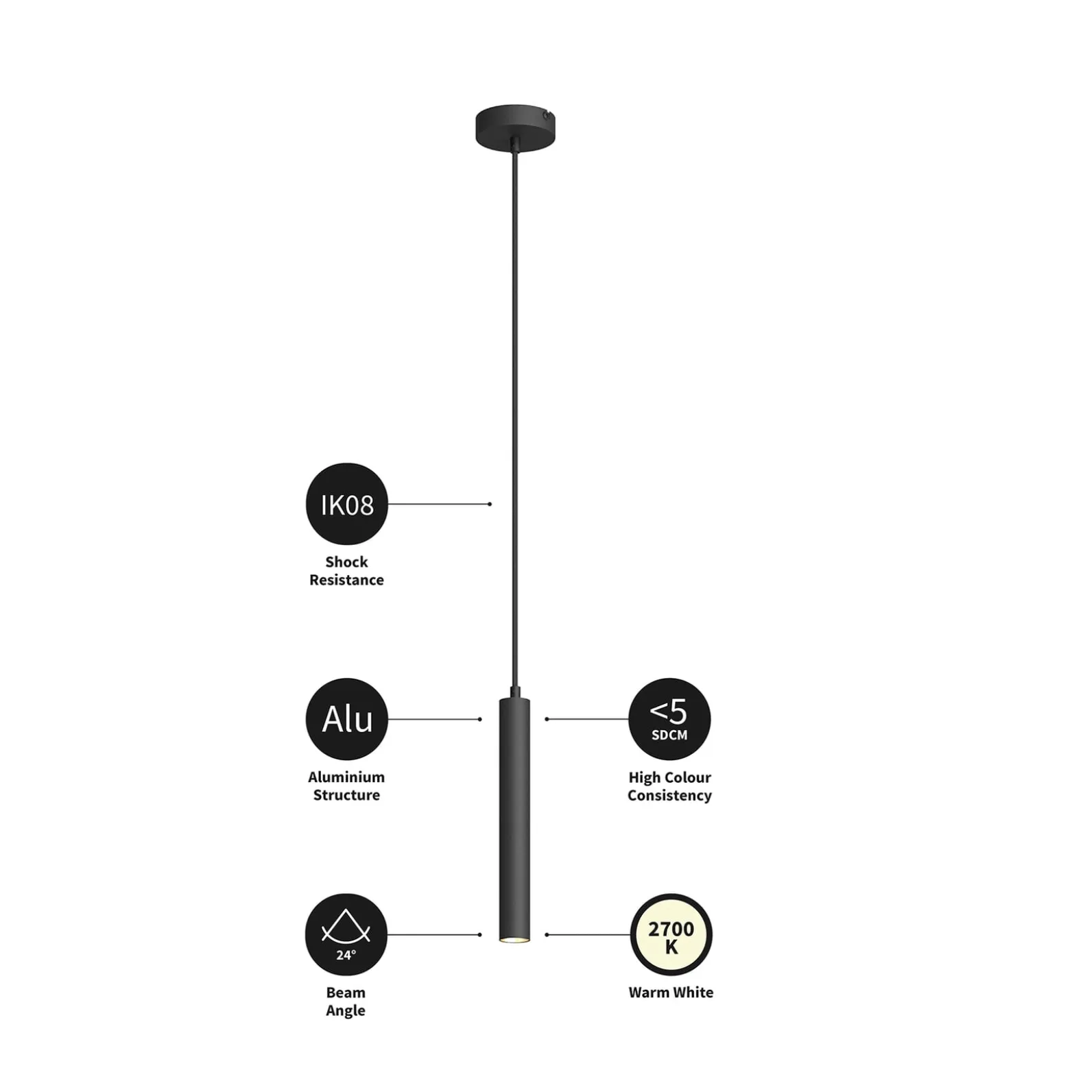 Arcchio LED-riippuvalaisin Franka, 1-valo, Ø 4 cm, musta