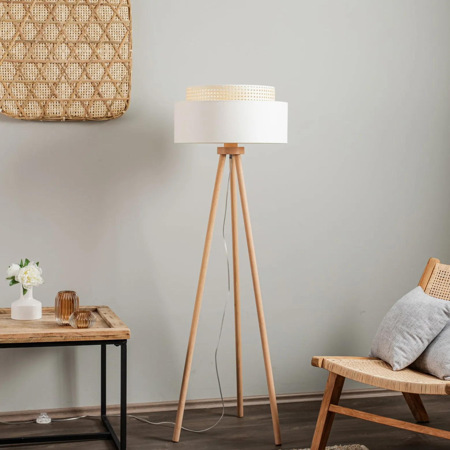 Boho-lattiavalaisin, valkoinen/puu, tekstiili/rottinki/puu, 140 cm