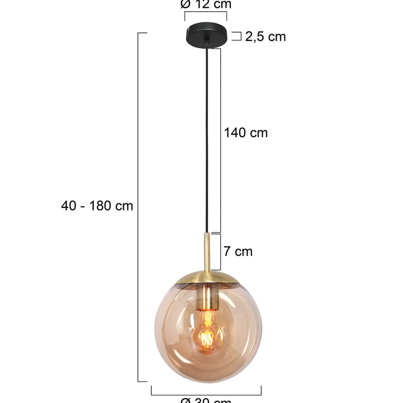 Bollique-riippuvalaisin, messinki, Ø 30 cm, lasi, 1-valo, pallovalaisin,