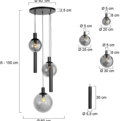 Bollique-riippuvalaisin, 5 valoa, pyöreä, musta, GU10 + E27