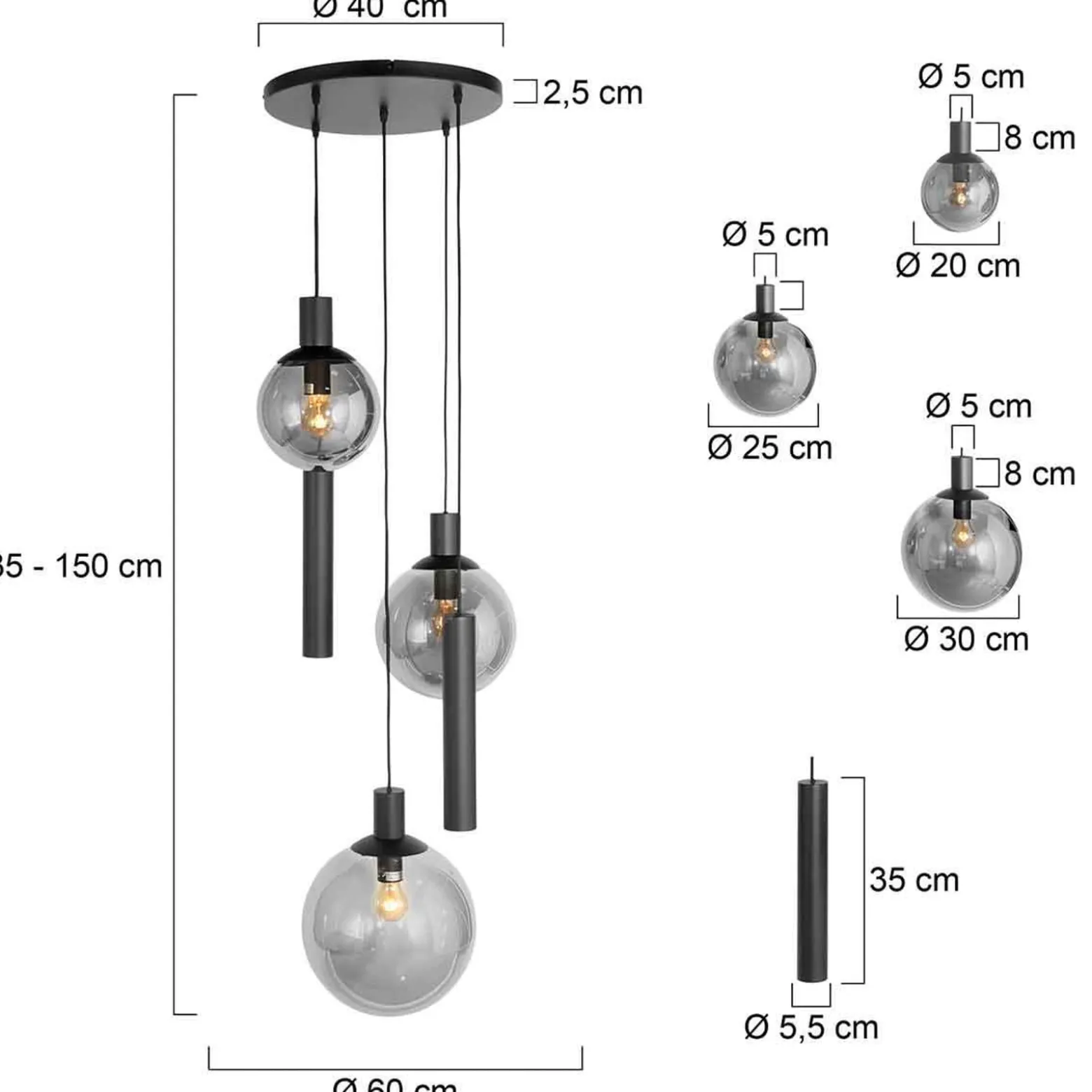 Bollique-riippuvalaisin, 5 valoa, pyöreä, musta, GU10 + E27