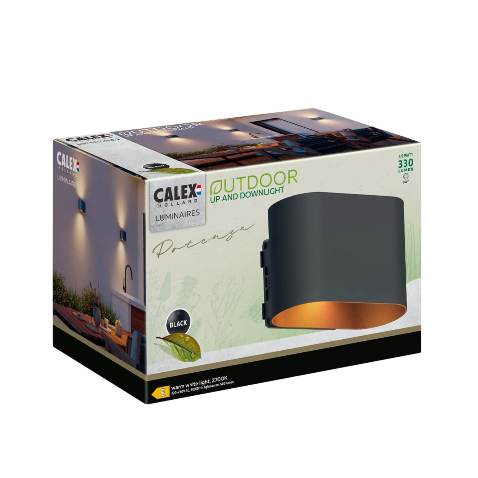 Calex LED-ulkoseinälamppu Potenza ylös/alas, IP44, musta/kulta