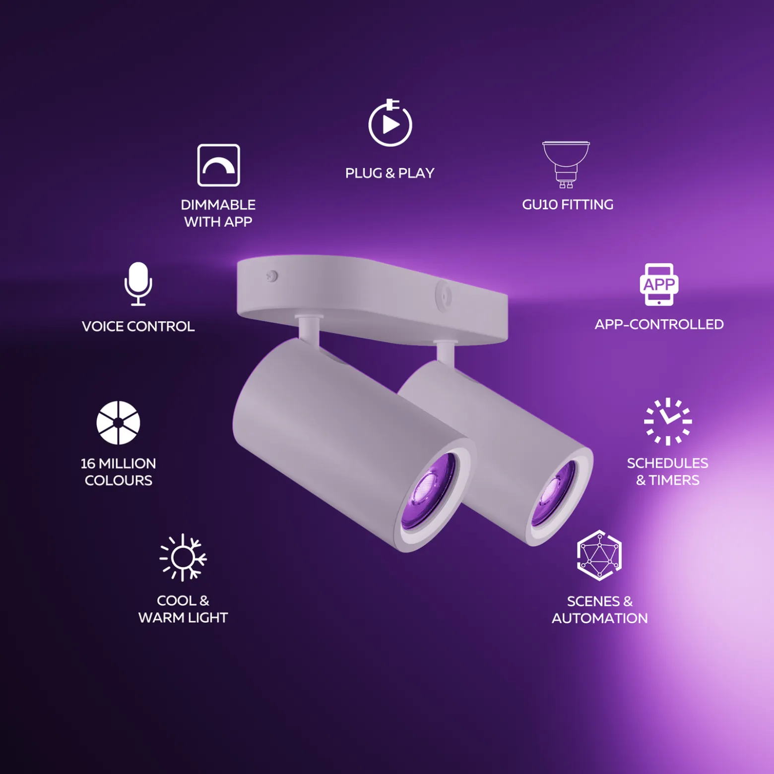 Calex Smart kattospotti valkoinen pituus 22 cm 2-lamppuinen GU10-LED RGBW