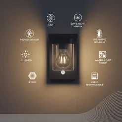 Calex Solar LED-ulkoseinävalaisin Asti, anturi, IP44, musta