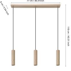 Caminia-riippuvalaisin, hiekanvärinen, pituus 77 cm, teräs, 3-valo.
