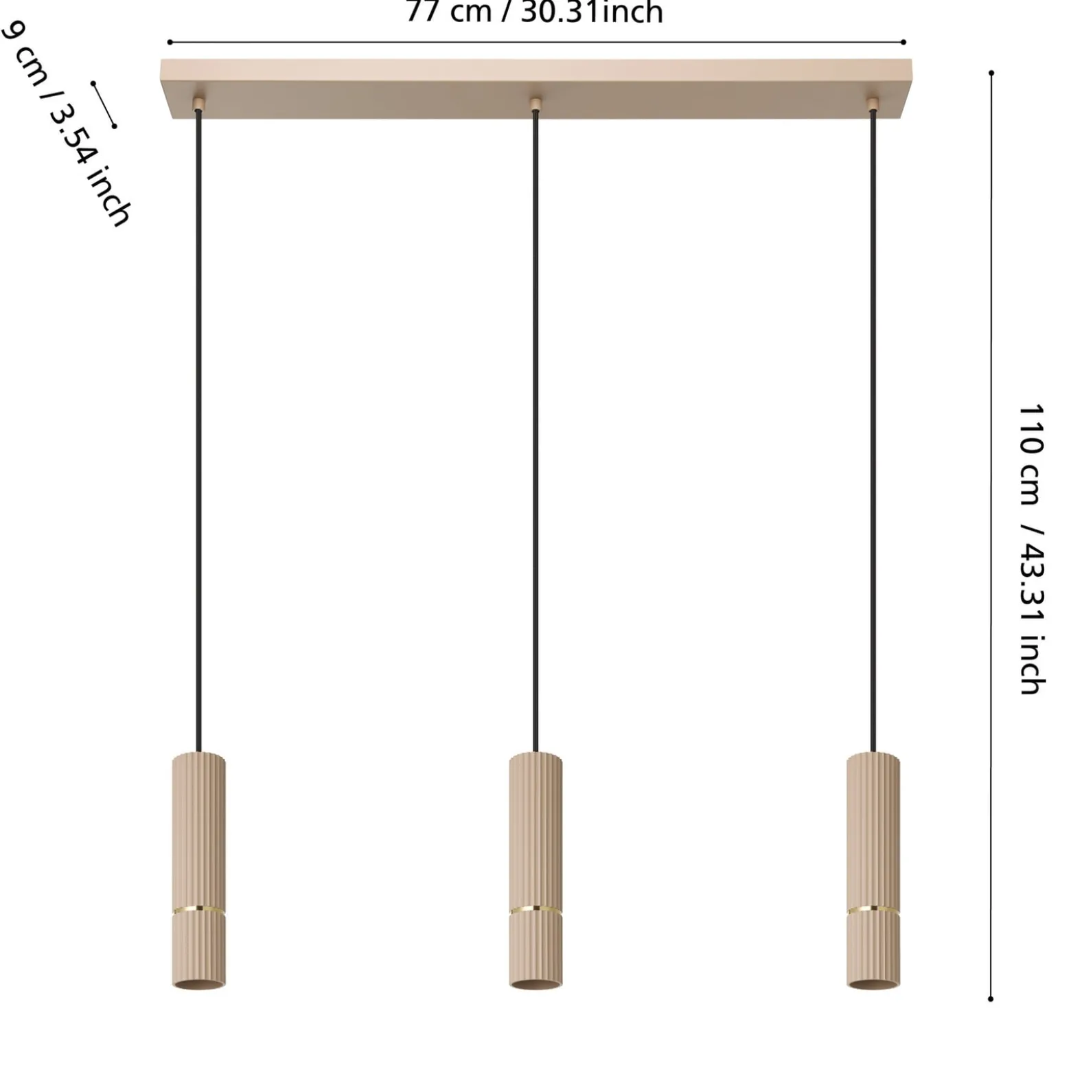 Caminia-riippuvalaisin, hiekanvärinen, pituus 77 cm, teräs, 3-valo.