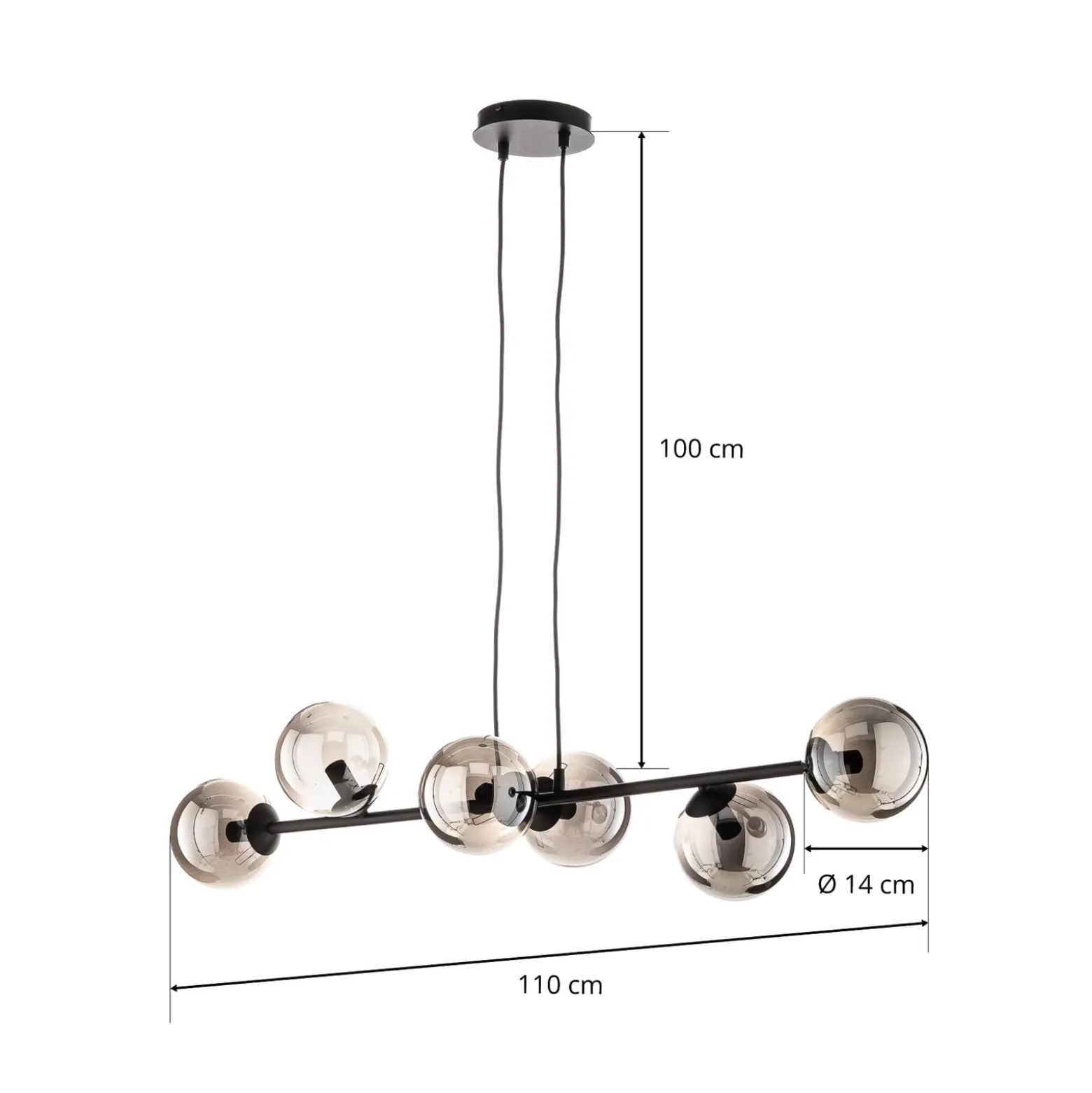 Glassy riippuvalaisin, 6-lamppuinen, musta, grafiitti, lasi, 110 cm