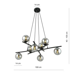Glassy riippuvalaisin, ristikkäin, 8-lamppuinen, lasi grafiitti