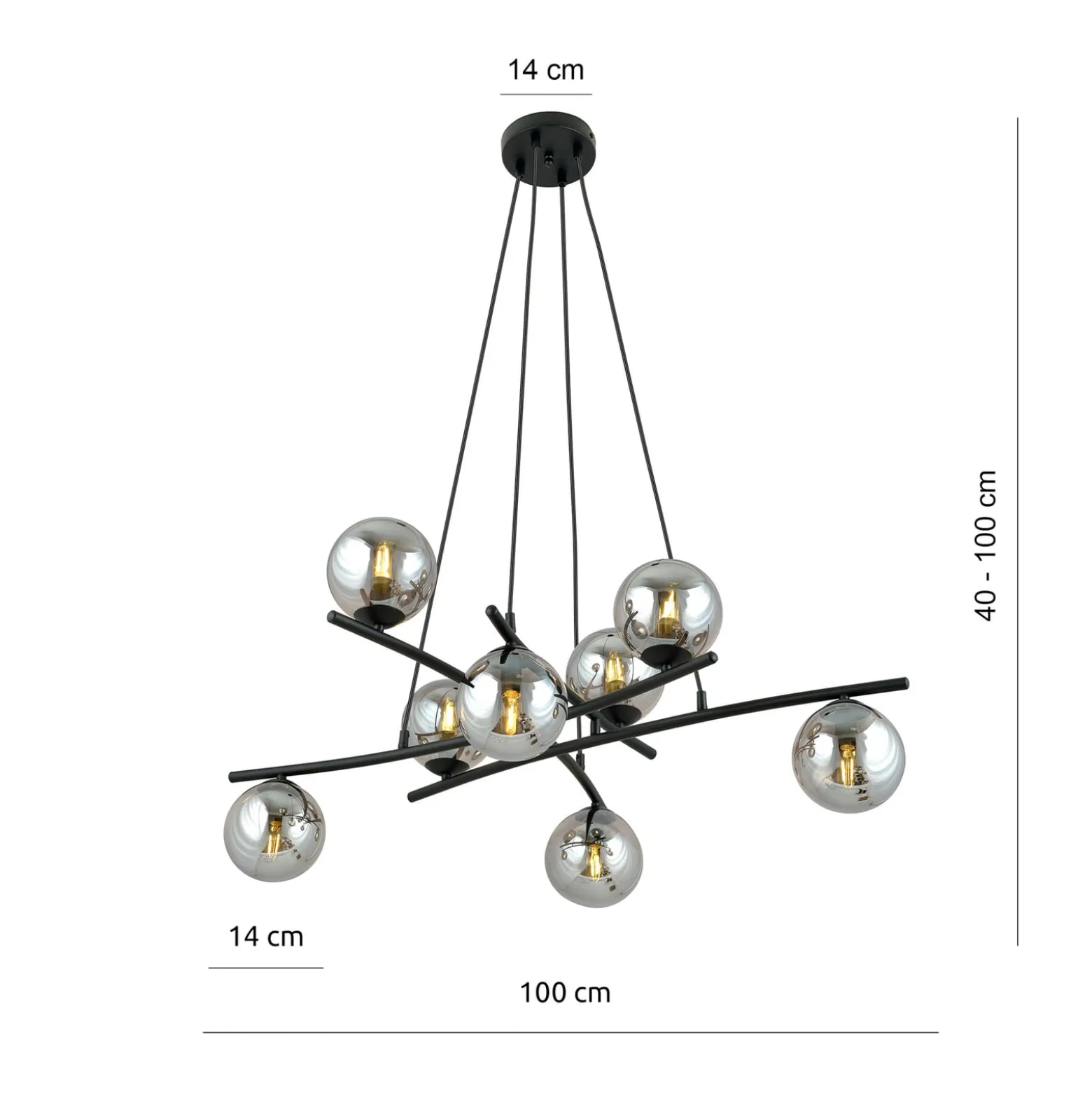 Glassy riippuvalaisin, ristikkäin, 8-lamppuinen, lasi grafiitti