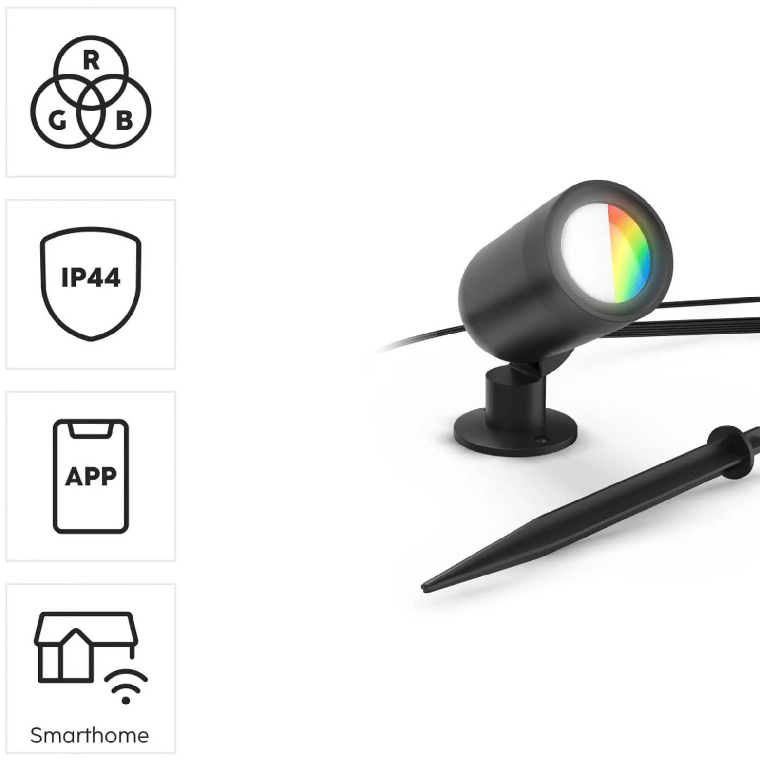 Hama Smart LED-maapiikkikohdevalo, musta WLAN, IP65 RGBW himmennettävä