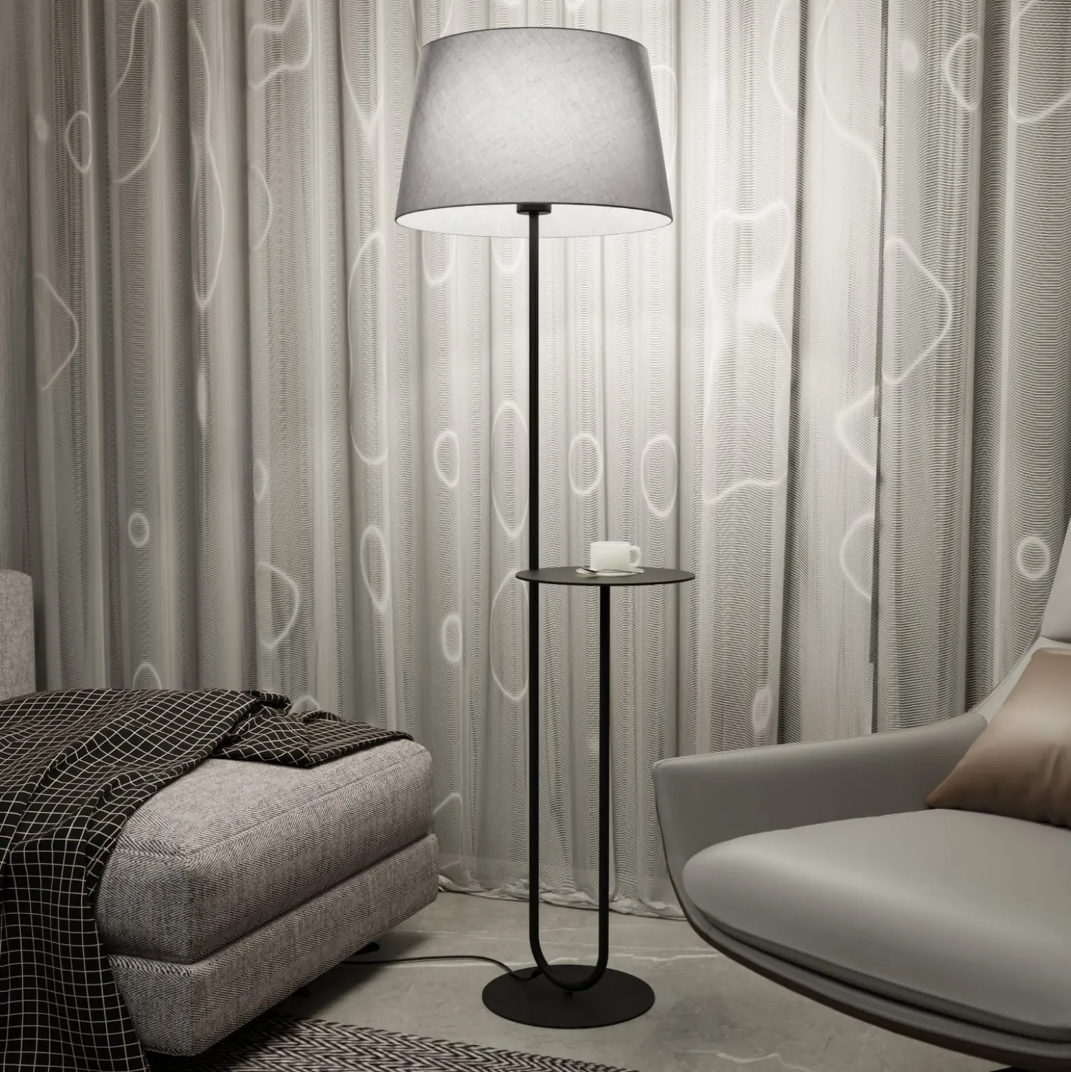 Hotel-lattiavalaisin, harmaa/musta, korkeus 150 cm, kangas/metallia