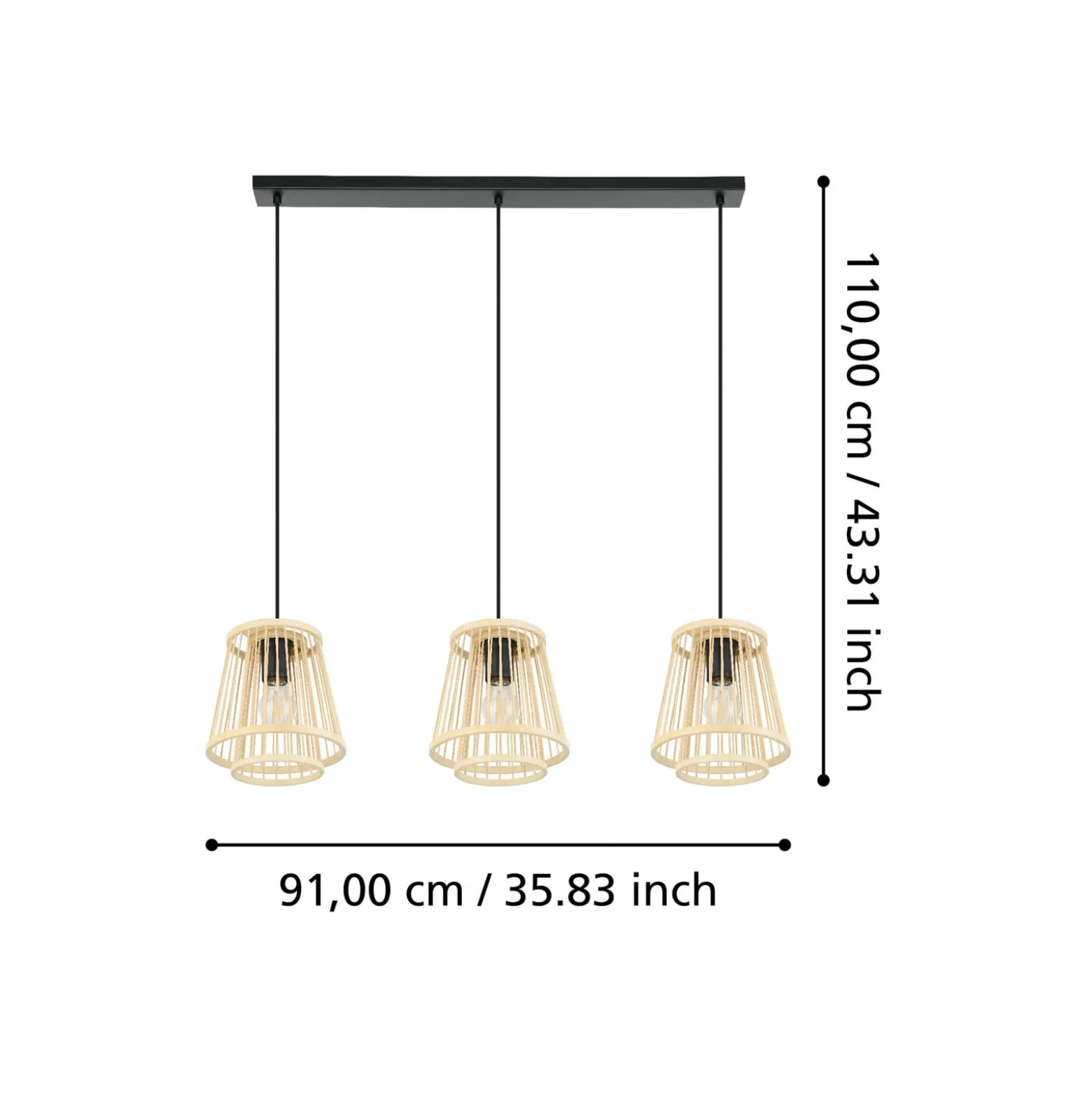 Hykeham-riippuvalaisin, pituus 91 cm, luonnonvalo, 3-valo, bambu