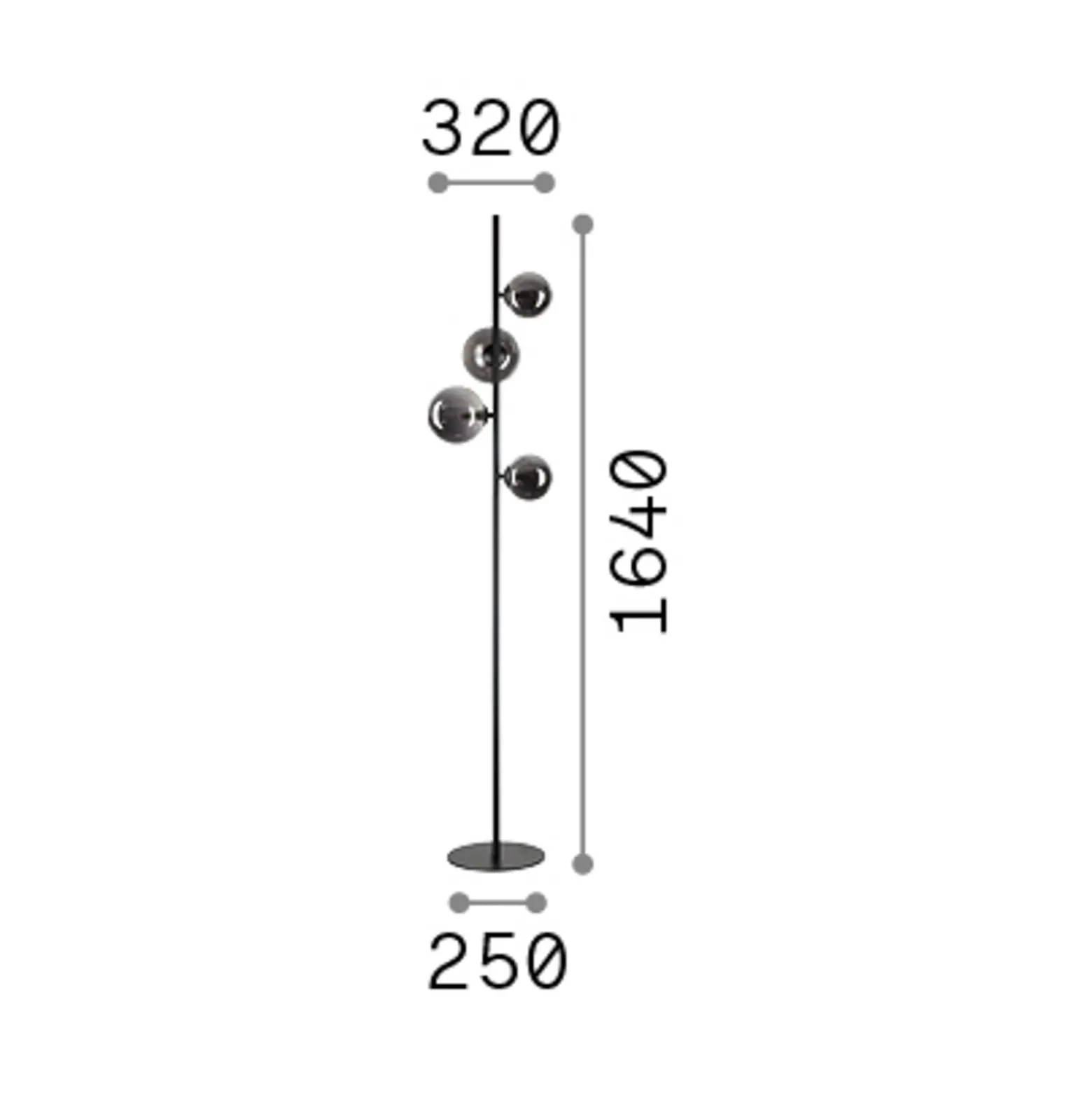 IDEAL LUX -maavalaisin Perlage, musta/savuharmaa, korkeus 164 cm, 4-lamppuinen