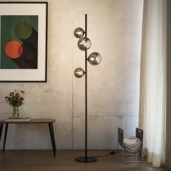 IDEAL LUX -maavalaisin Perlage, musta/savuharmaa, korkeus 164 cm, 4-lamppuinen