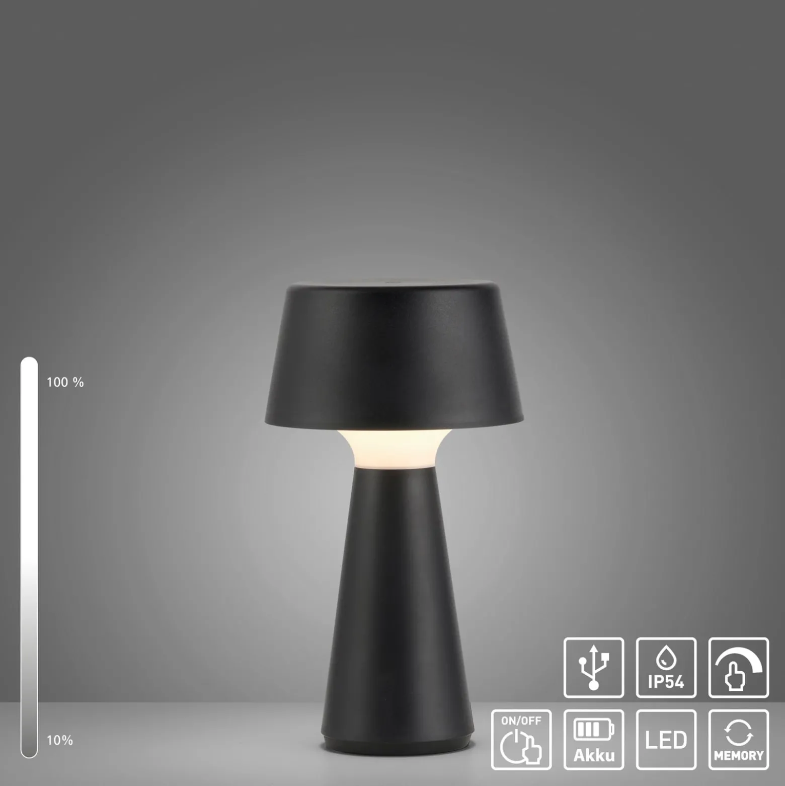 JUST LIGHT. Abera musta muovinen IP54 ladattava LED-pöytävalaisin