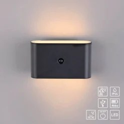 JUST LIGHT. LED-akkuinen seinävalaisin Ziddy musta anturi 3 000 K