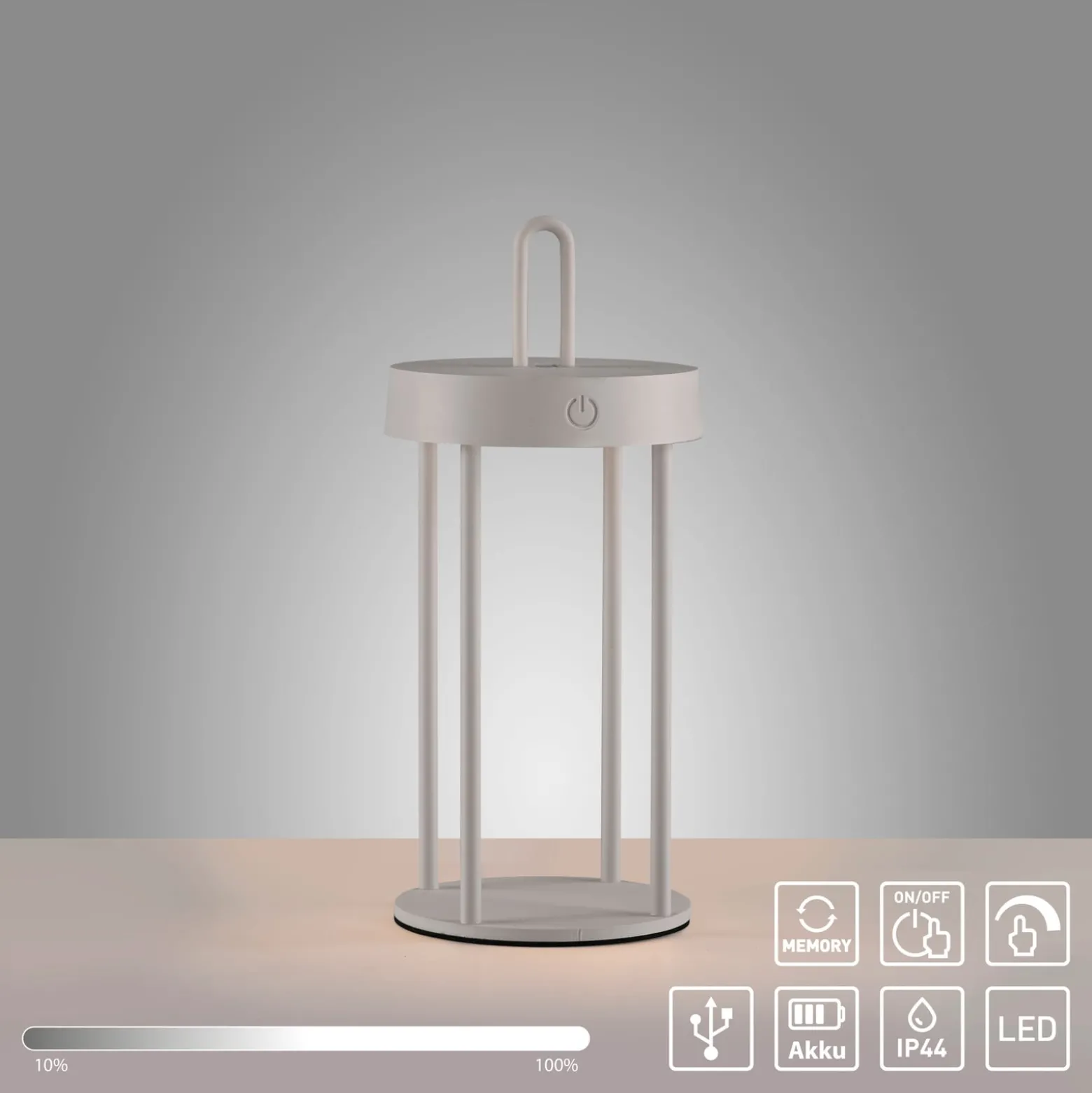 JUST LIGHT. LED ladattava pöytävalaisin Anselm harmaa-beige 28cm rautainen