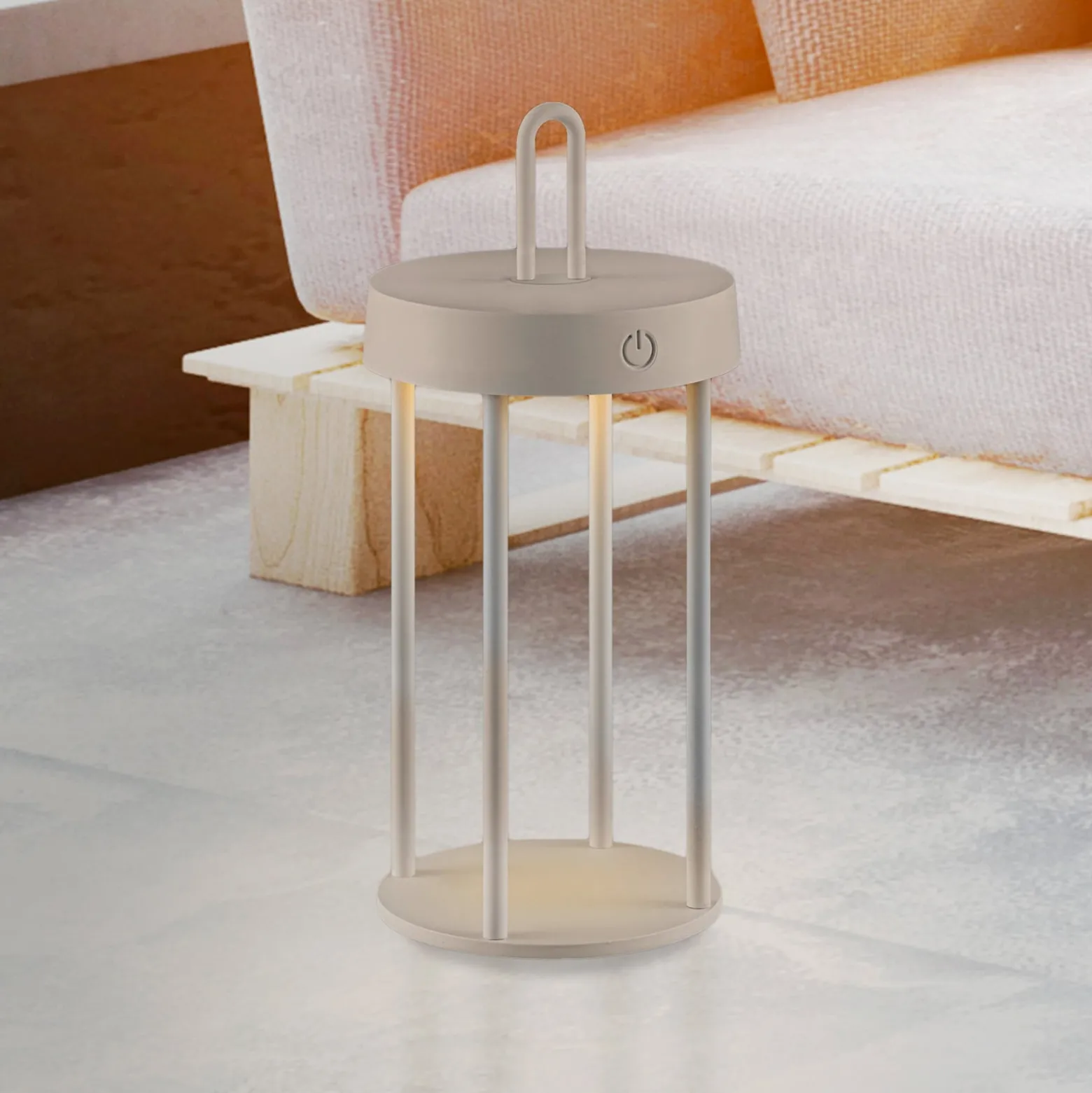 JUST LIGHT. LED ladattava pöytävalaisin Anselm harmaa-beige 28cm rautainen
