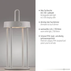 JUST LIGHT. LED ladattava pöytävalaisin Anselm harmaa-beige 28cm rautainen