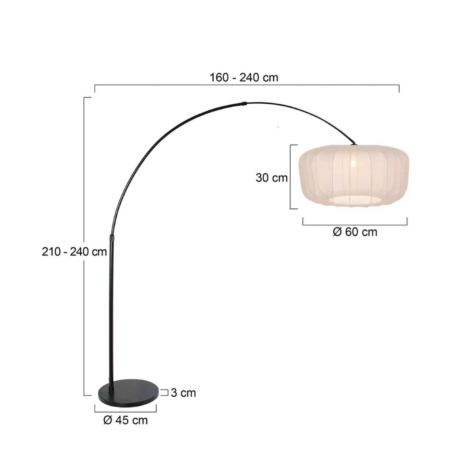 Kaareva lattiavalaisin Sparkled Light, musta/kermanvärinen nailon, 240 cm