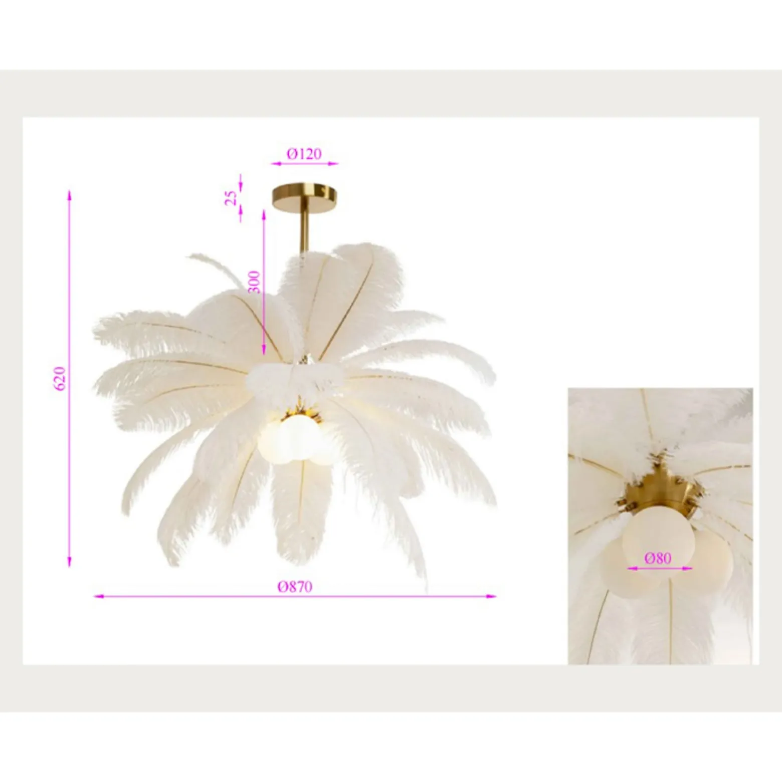 Kare Feather Palm -riippuvalaisin, valkoinen, höyhenet, Ø 87 cm, G9