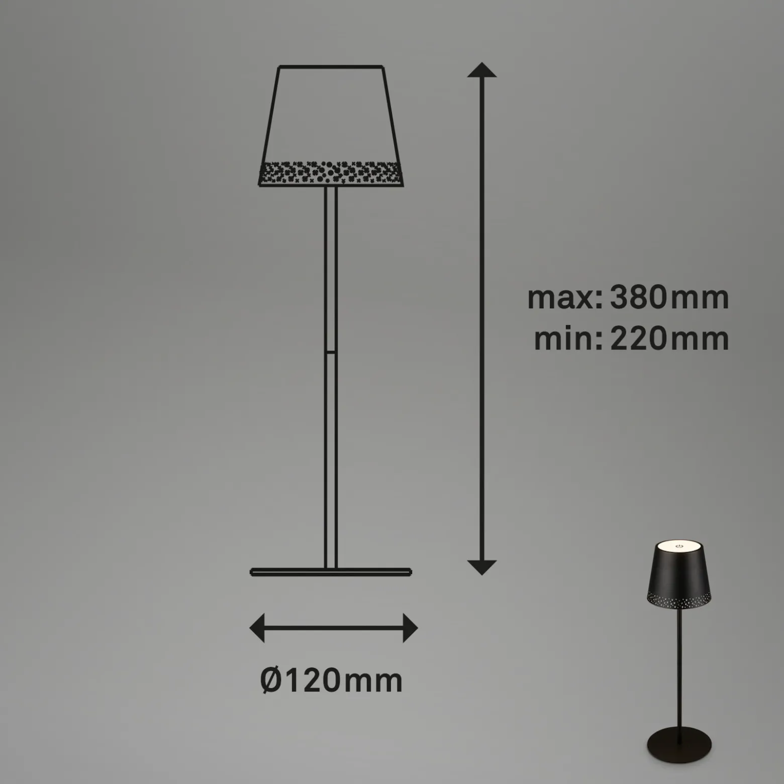 Kiki LED ladattava pöytävalaisin, musta, IP44, 3 000K