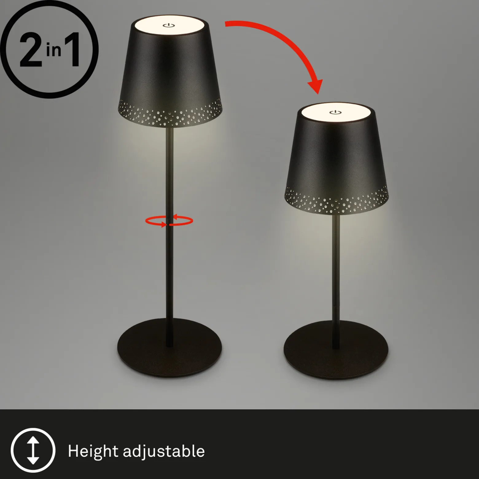 Kiki LED ladattava pöytävalaisin, musta, IP44, 3 000K