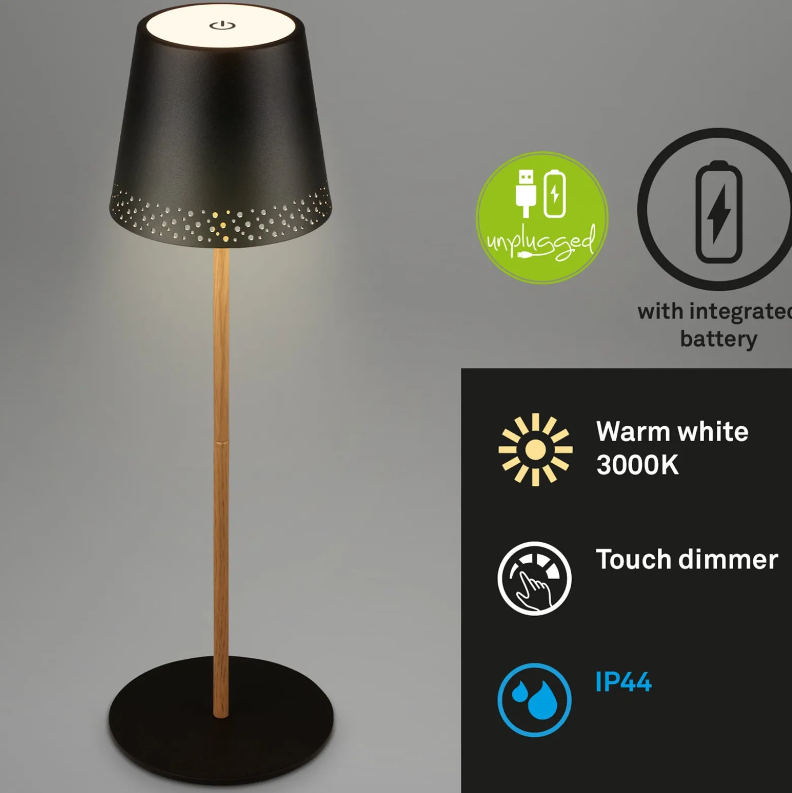 Kiki LED ladattava pöytävalaisin, musta/kultainen, IP44, 3000K