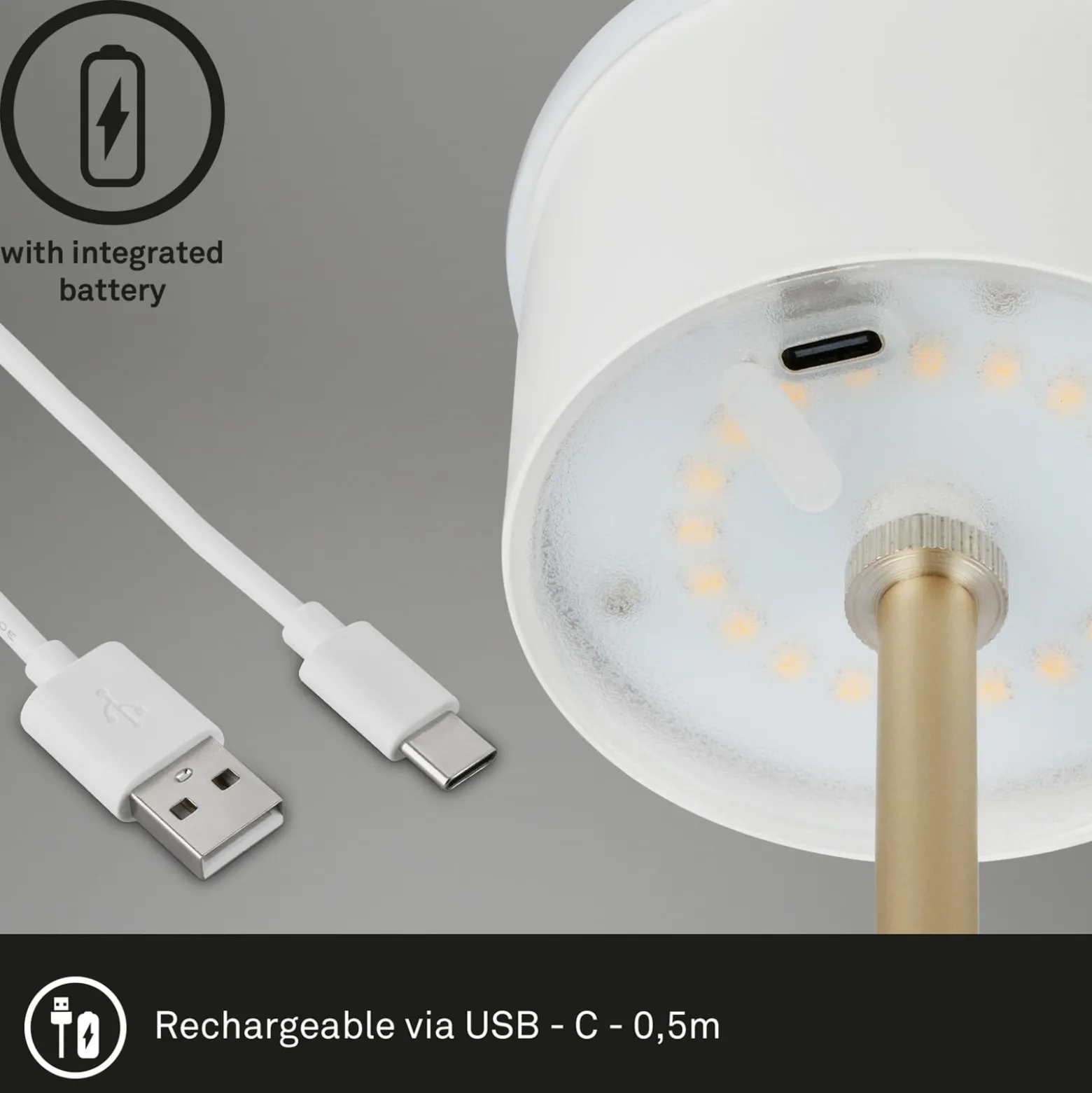 Kiki LED ladattava pöytävalaisin, ruskea/kultainen, IP44, 3 000K