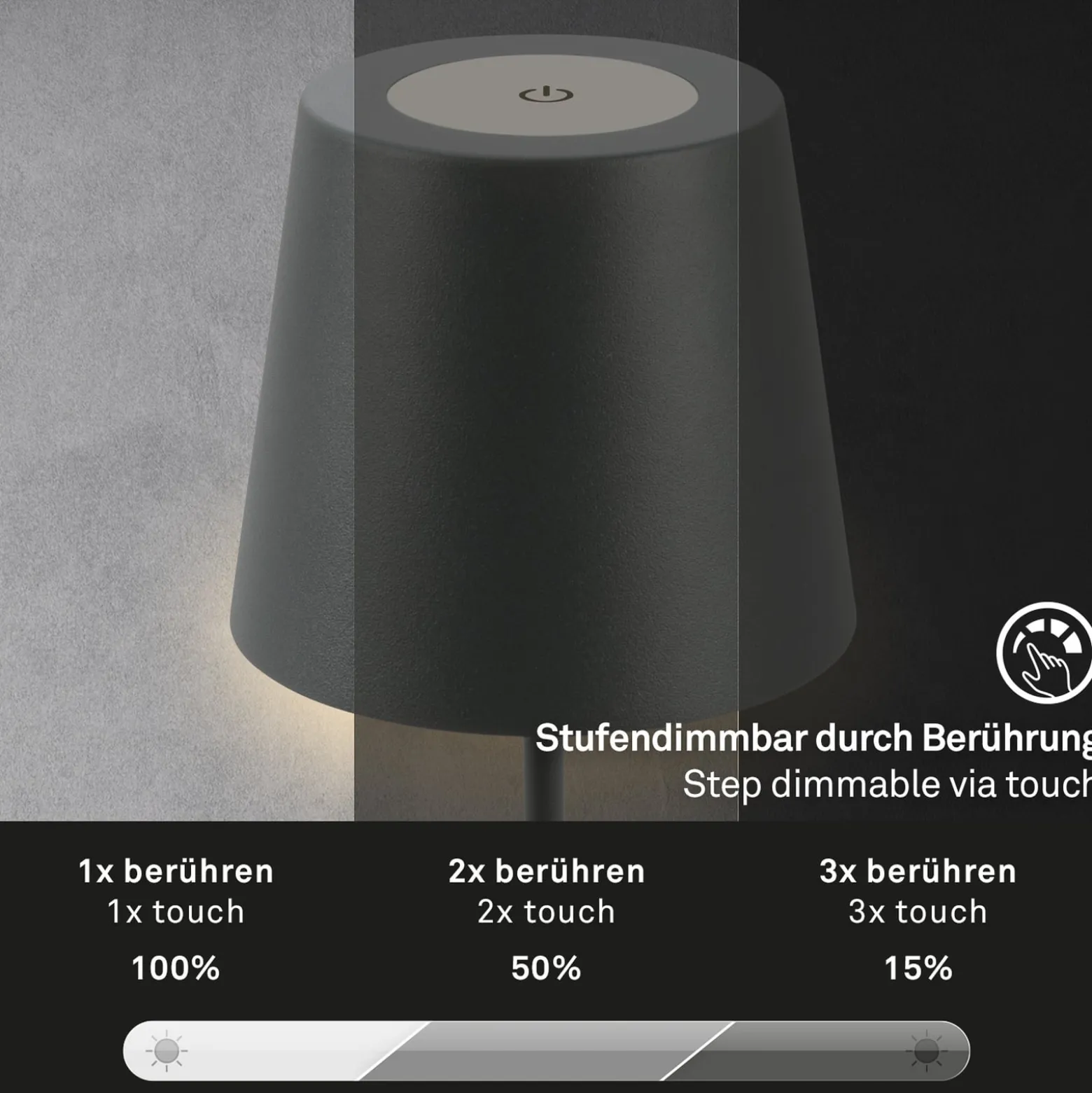 Ladattava LED-pöytävalaisin 7508015, antrasiitti 2700 K IP44 Touchdim