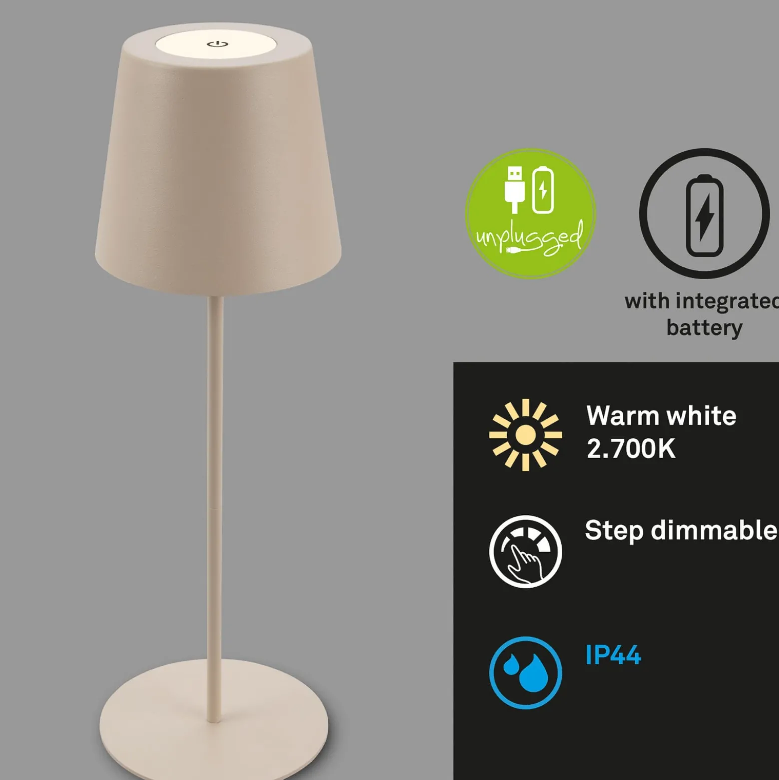 Ladattava LED-pöytävalaisin 7508011, beige, 2700 K IP44 kosketushimmennin,