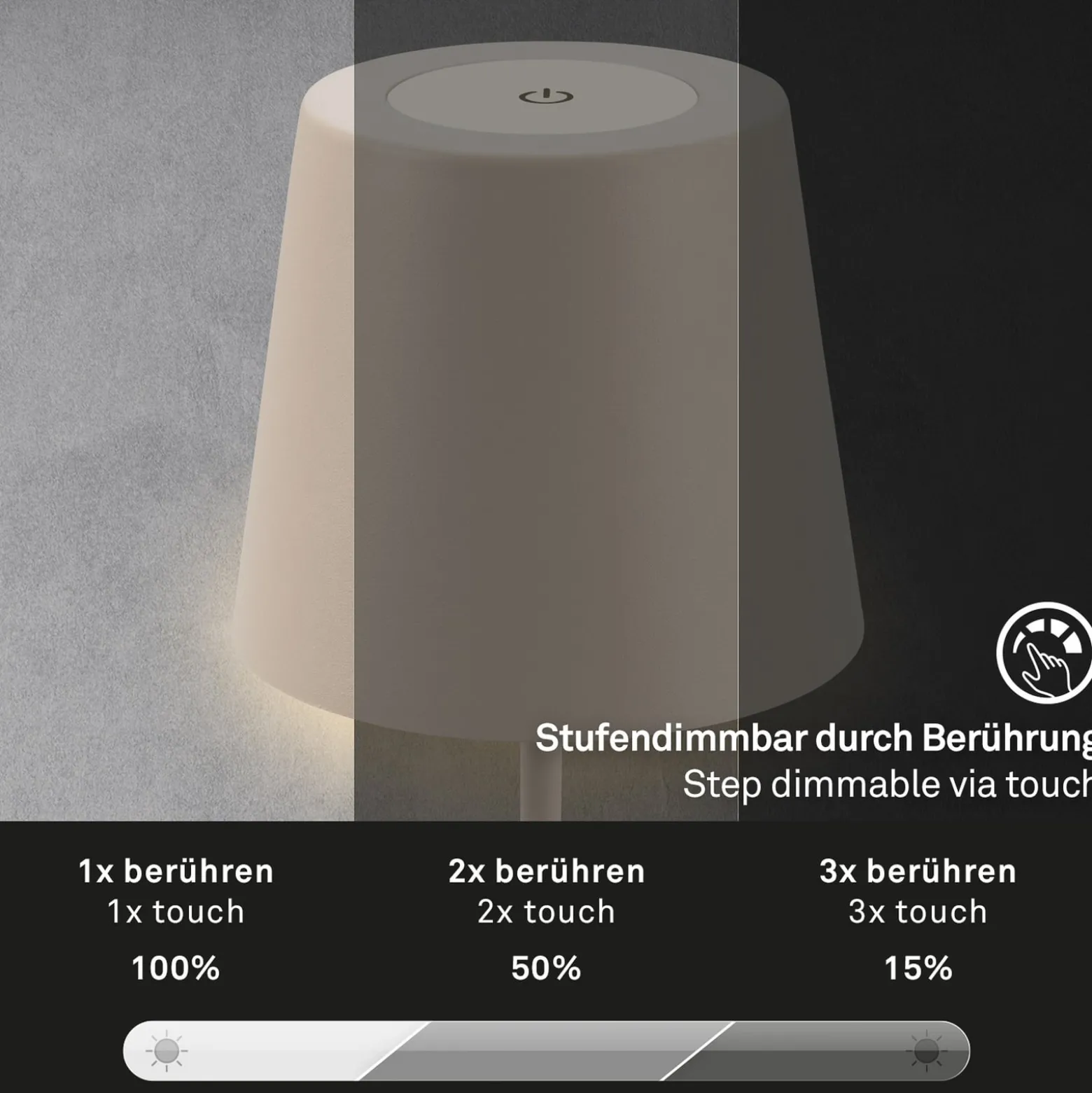Ladattava LED-pöytävalaisin 7508011, beige, 2700 K IP44 kosketushimmennin,