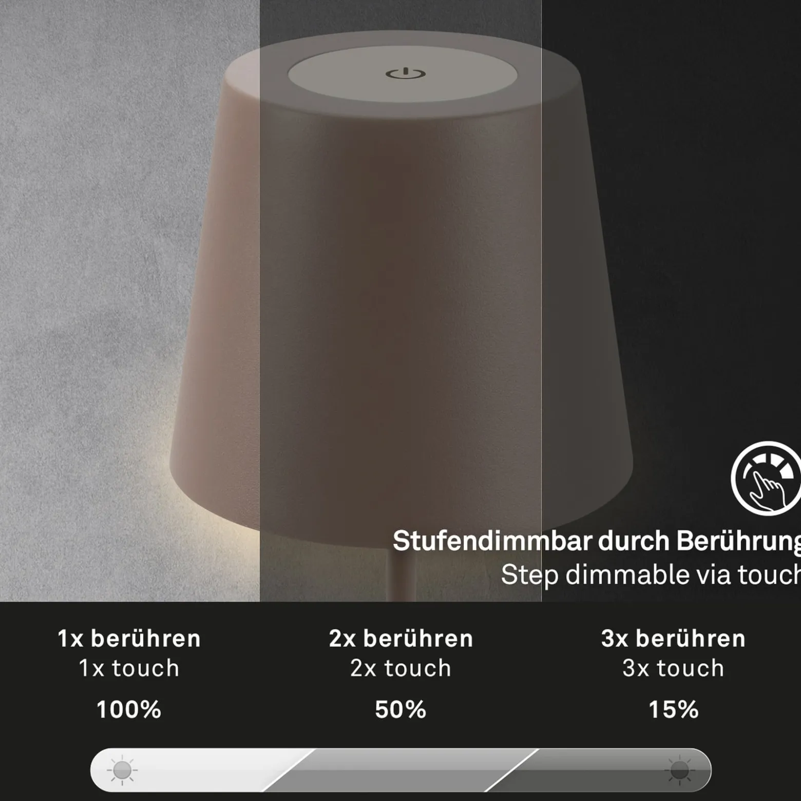 Ladattava LED-pöytävalaisin 7508012, ruskea, 2700 K IP44 kosketushimmennin