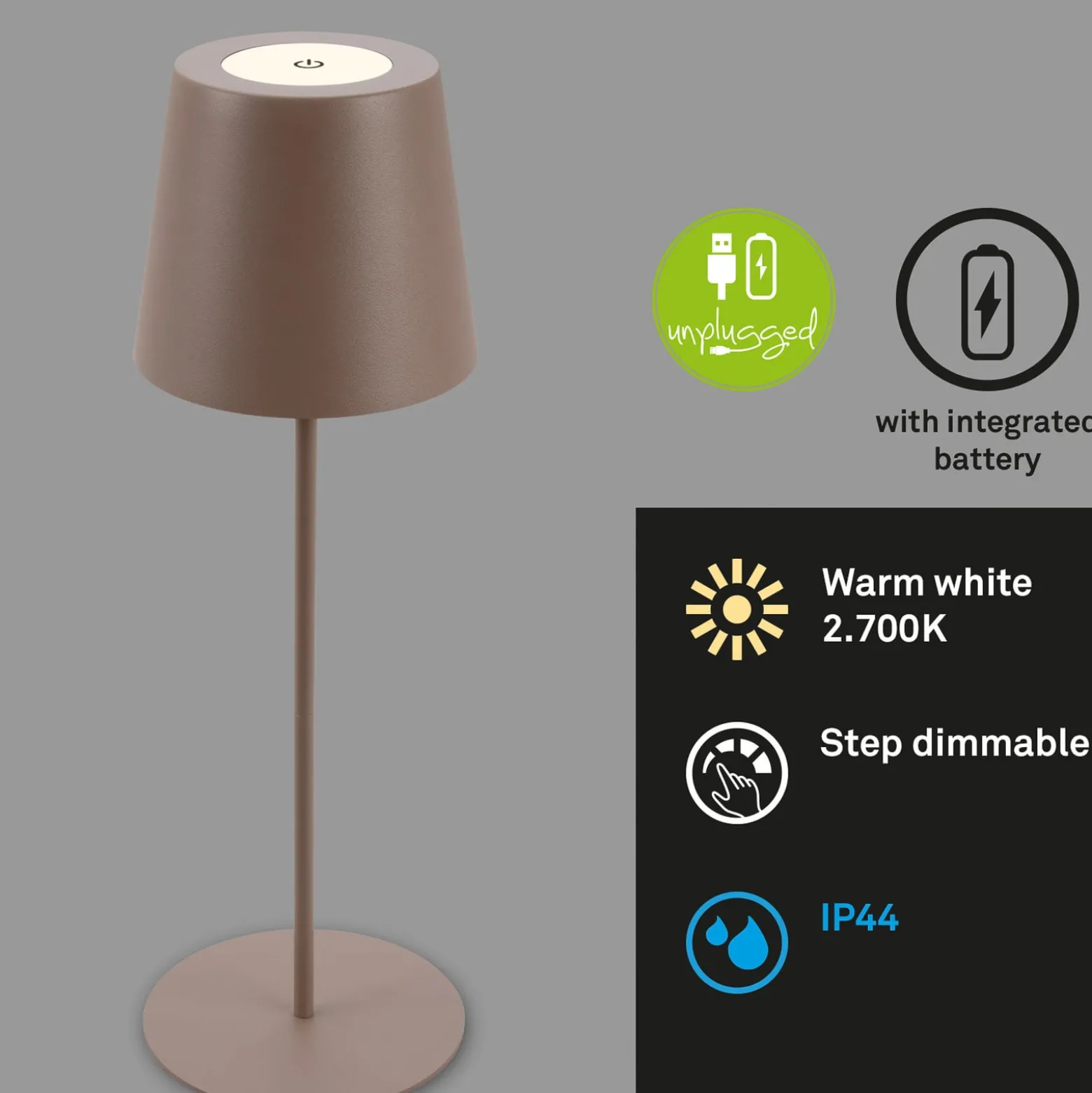 Ladattava LED-pöytävalaisin 7508012, ruskea, 2700 K IP44 kosketushimmennin