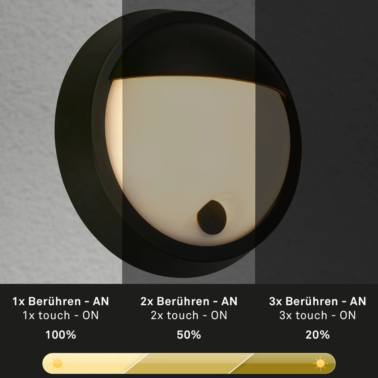 Ladattava LED-ulkoseinävalaisin 3784015, musta Kosketushimmennin Ø 17 cm