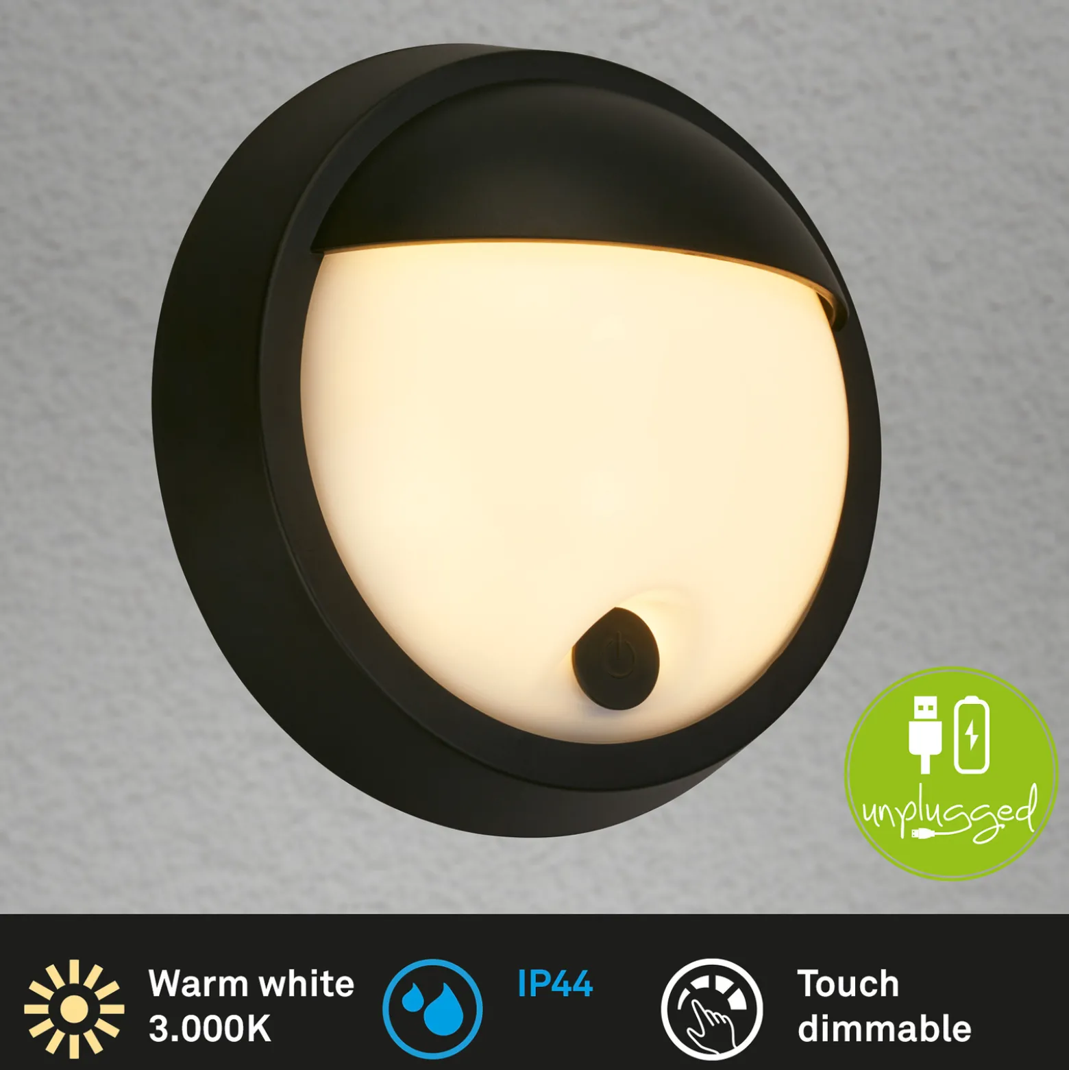 Ladattava LED-ulkoseinävalaisin 3784015, musta Kosketushimmennin Ø 17 cm