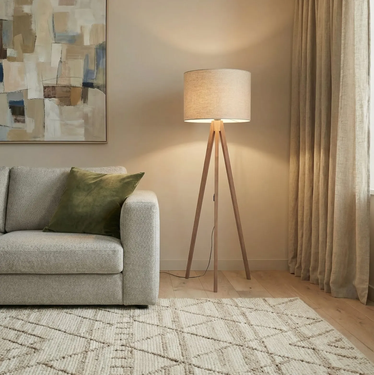 Lattiavalaisin Grand, beige/pähkinäpuu, korkeus 145 cm, E27