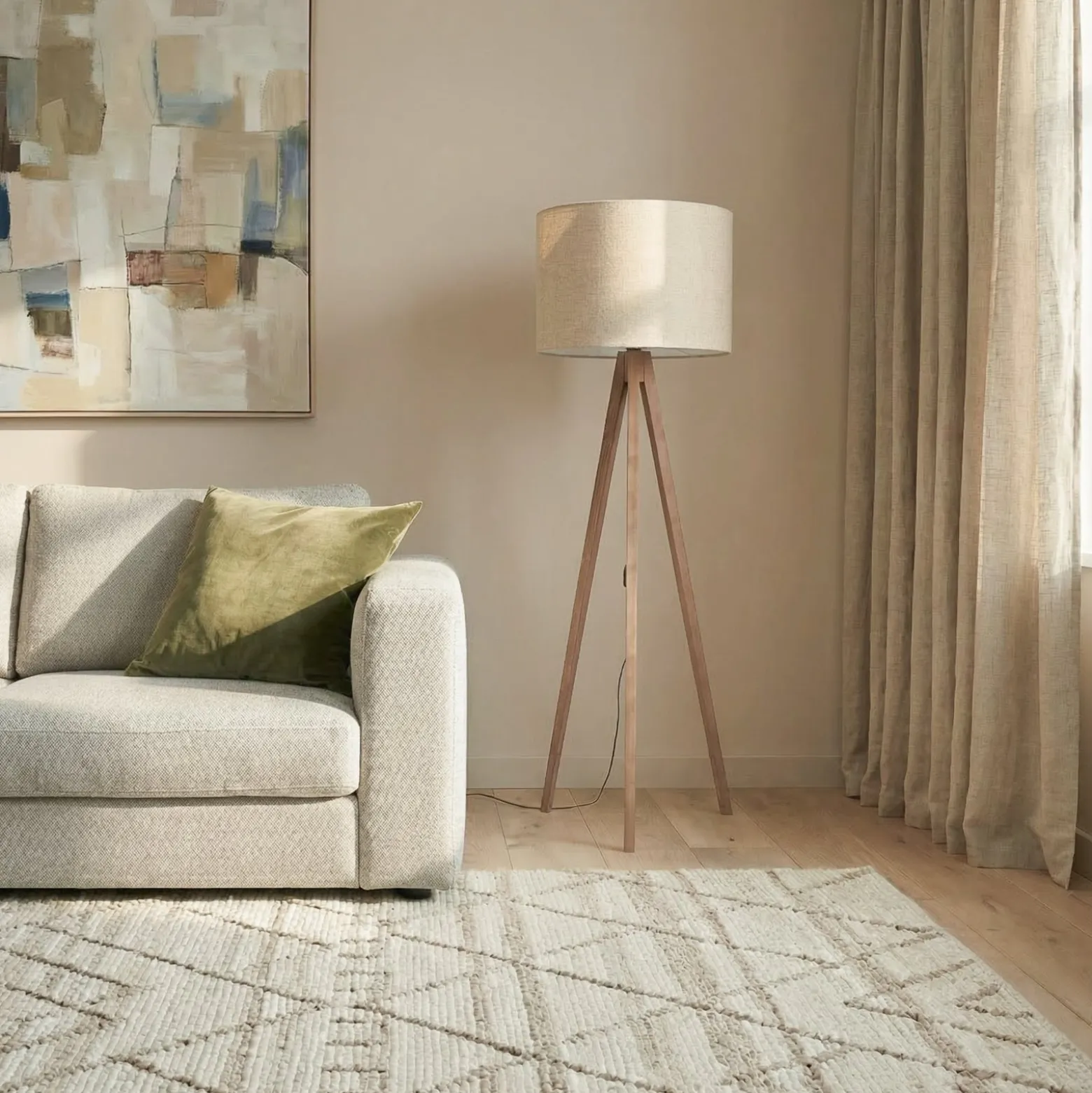 Lattiavalaisin Grand, beige/pähkinäpuu, korkeus 145 cm, E27