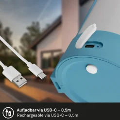 LED-akkukäyttöinen pöytälamppu ASA, kyyhkynsininen, korkeus 15,5 cm, IP44