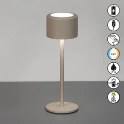 LED-akkukäyttöinen pöytälamppu Juna, harmahtavanruskea, korkeus 25 cm, metalli,