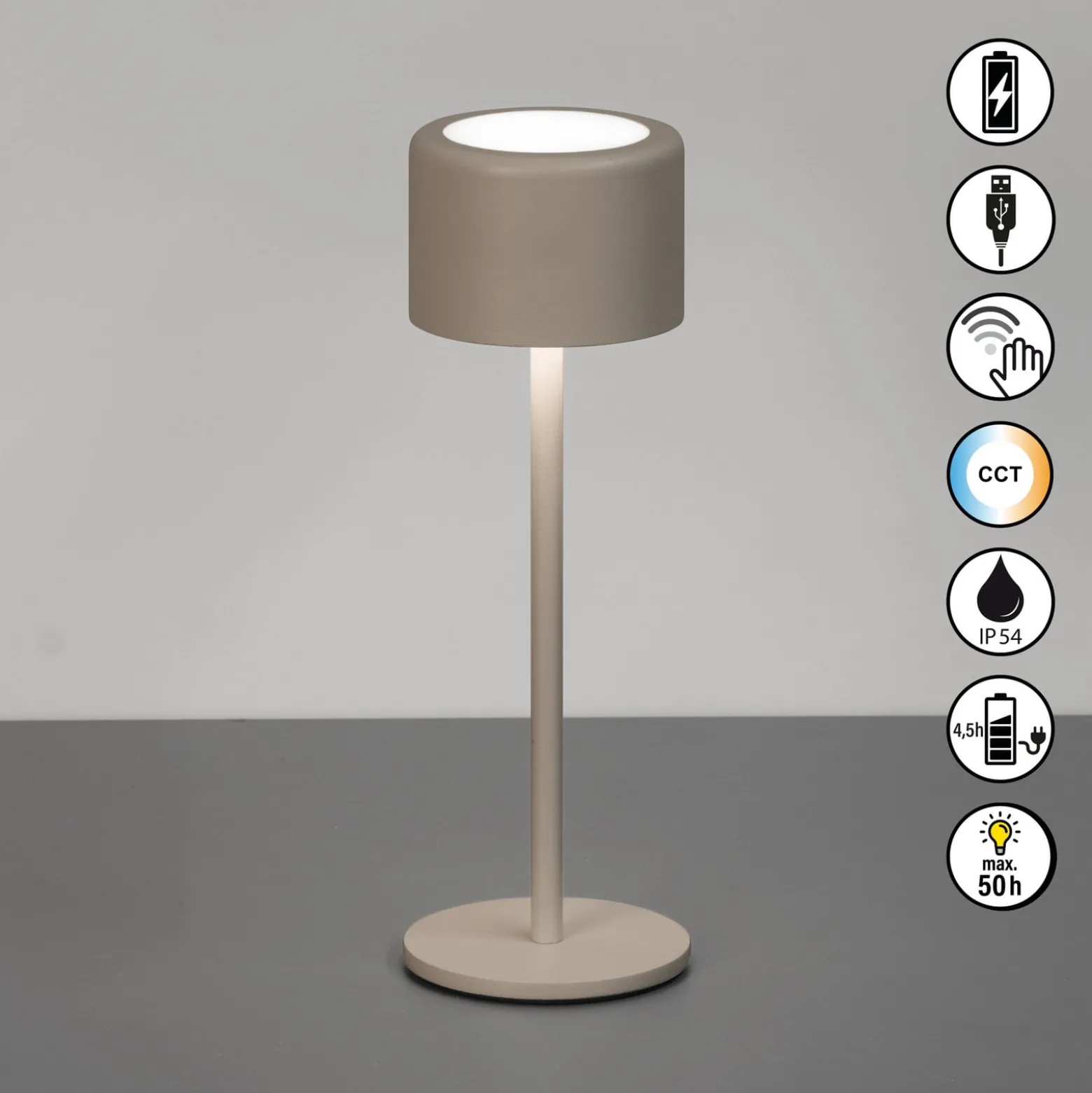 LED-akkukäyttöinen pöytälamppu Juna, harmahtavanruskea, korkeus 25 cm, metalli,