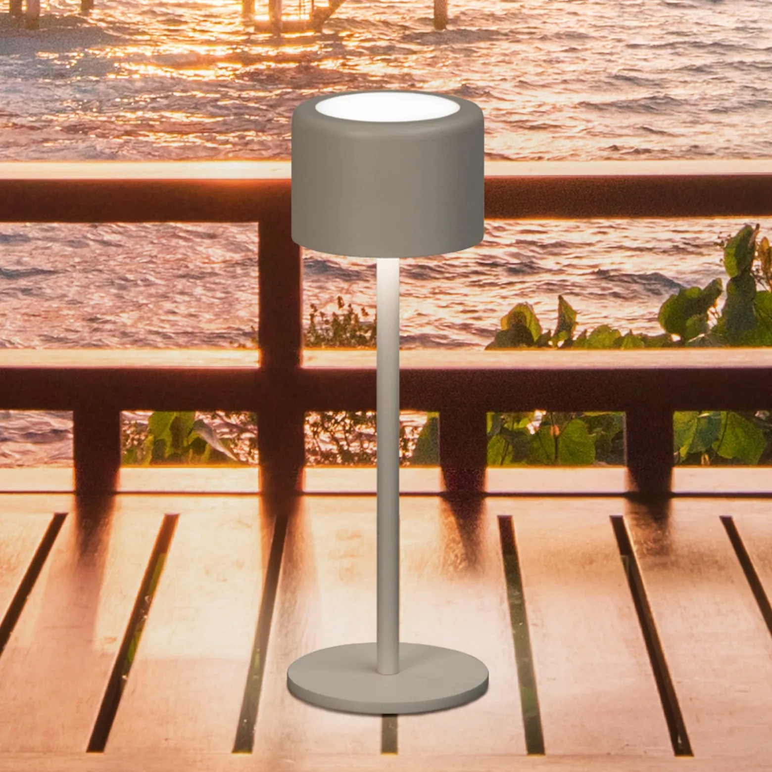 LED-akkukäyttöinen pöytälamppu Juna, harmahtavanruskea, korkeus 25 cm, metalli,