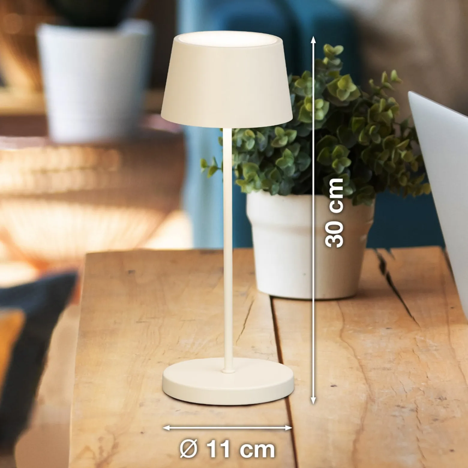 LED-akkupöytälamppu Asena Pro hiekanbeige, 30 cm metalli IP54