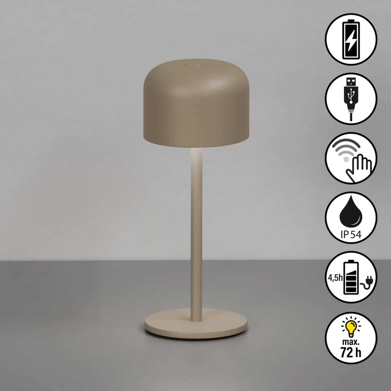 LED-akkupöytälamppu Finley harmaa-ruskea korkeus 22 cm metalli IP54