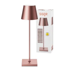 LED-akkupöytälamppu Nuindie, USB-C, ruusukulta, IP54, himmennettävä