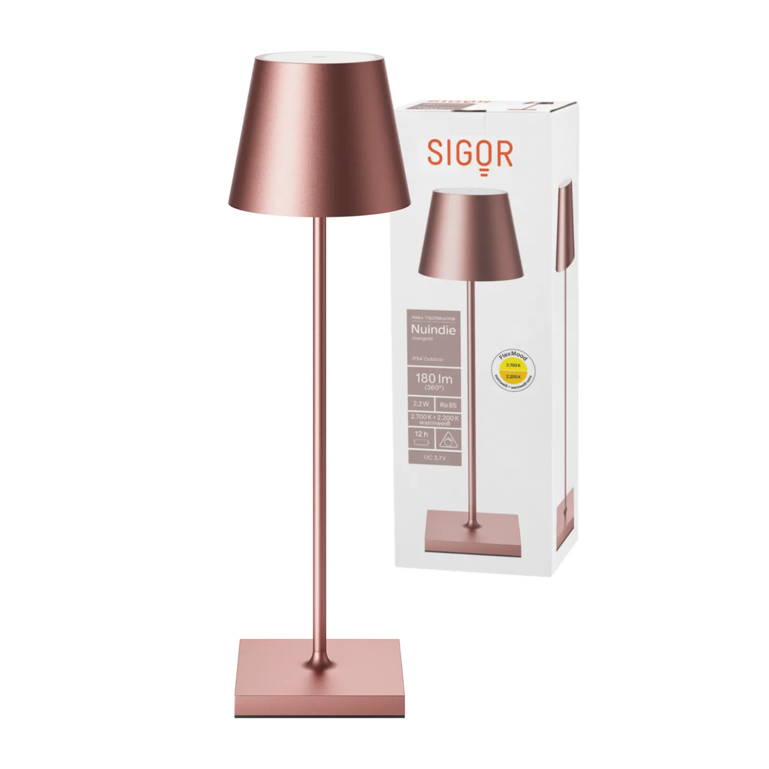 LED-akkupöytälamppu Nuindie, USB-C, ruusukulta, IP54, himmennettävä